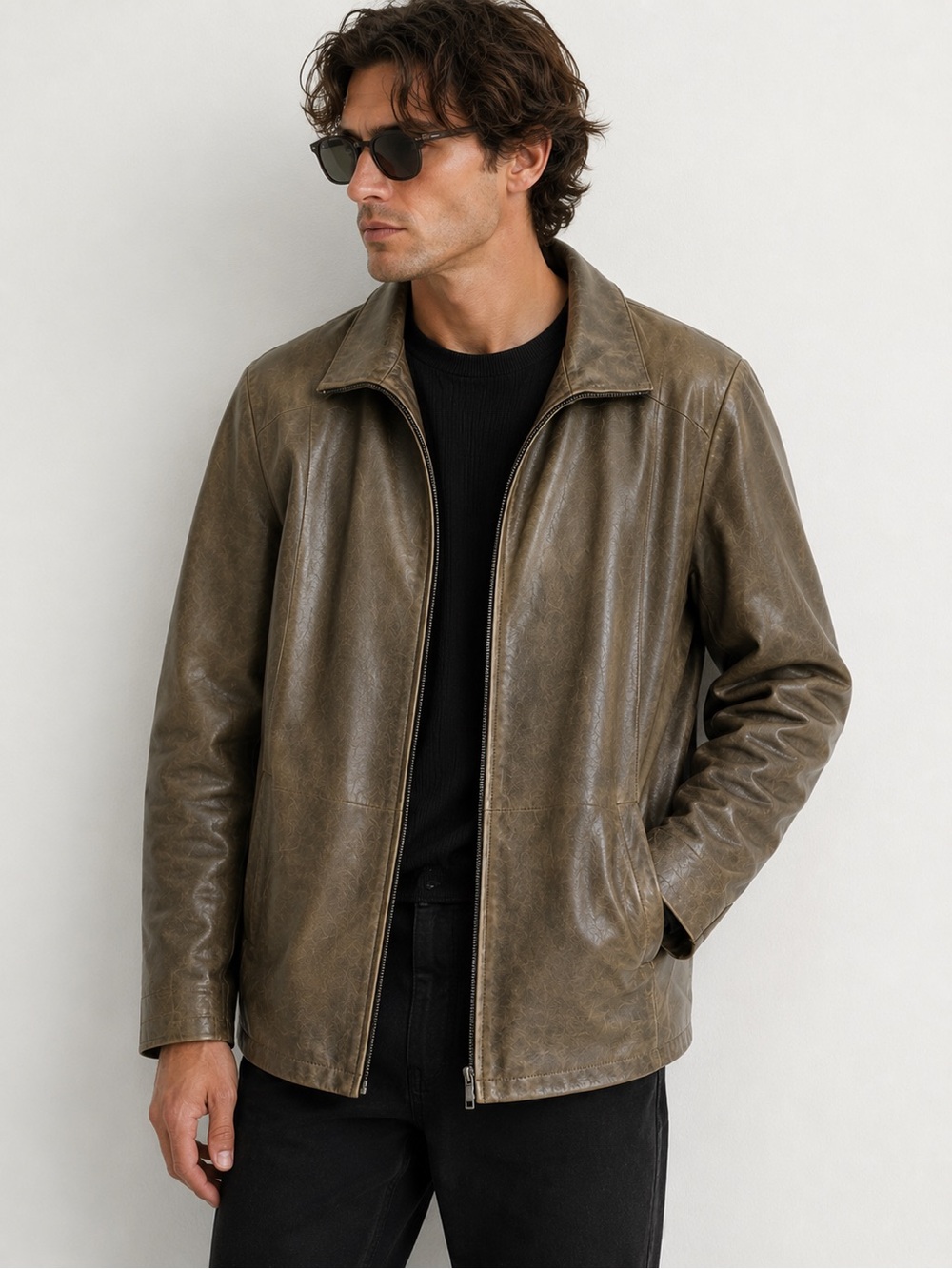 Bison Italian Leather Jacket Khaki Brown Size 52 XL Made in Italy Vintage - Picture 11 of 11